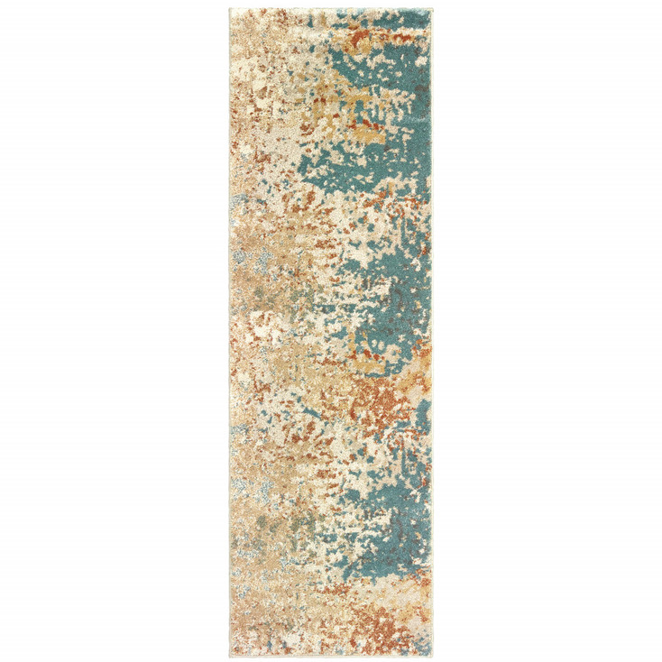 2' x 8' Foam Blue Pumpkin and Golden Yellow Abstract Power Loom Runner Rug
