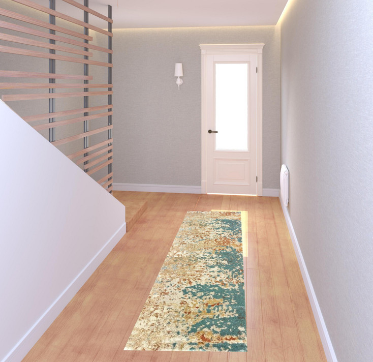 2' x 8' Foam Blue Pumpkin and Golden Yellow Abstract Power Loom Runner Rug