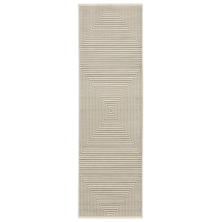 2' x 8' Ivory Beige Taupe and Tan Geometric Power Loom Runner Rug with Fringe