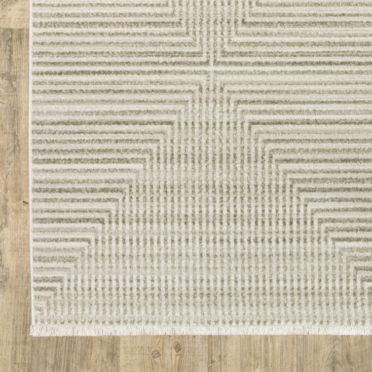 2' x 8' Ivory Beige Taupe and Tan Geometric Power Loom Runner Rug with Fringe