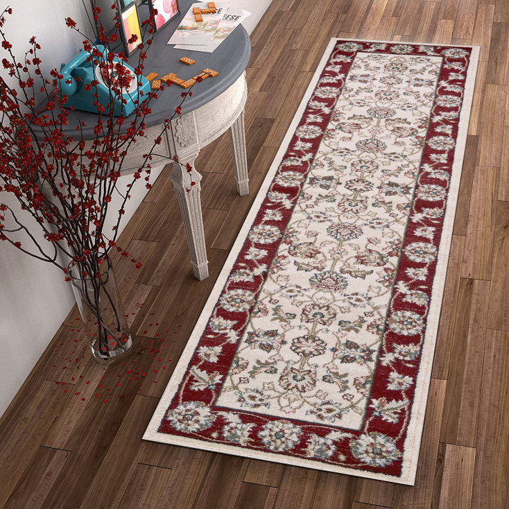 2' x 8' Ivory Red Bordered Floral Indoor Runner Rug
