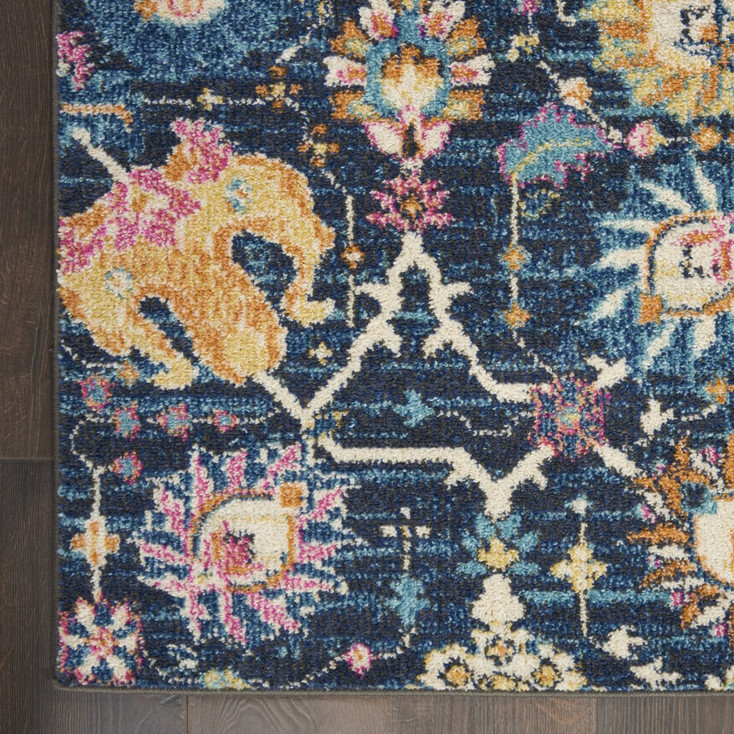 2' x 8' Navy Blue Floral Power Loom Runner Rug