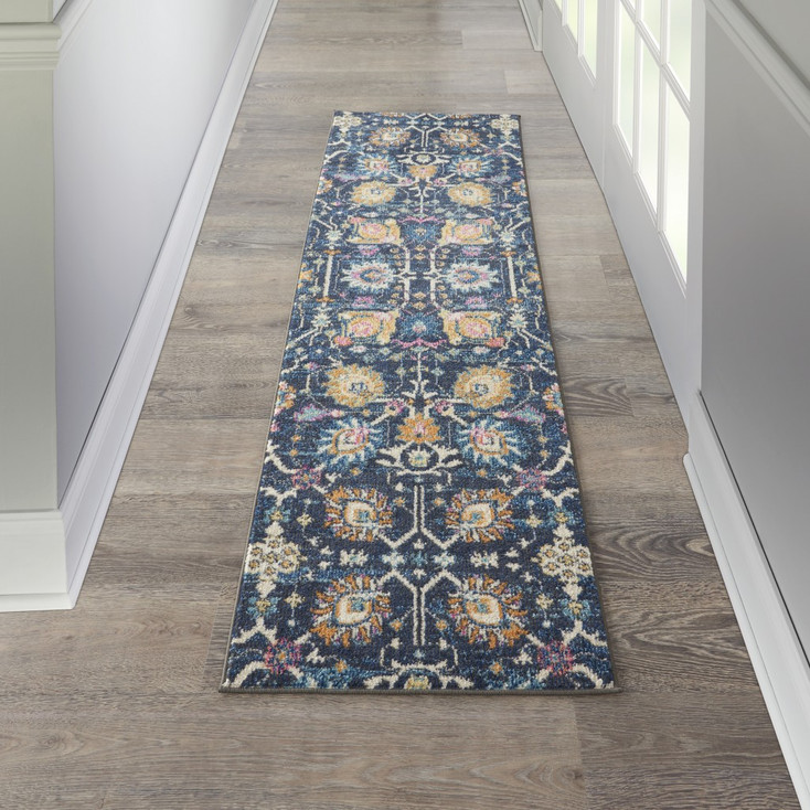 2' x 8' Navy Blue Floral Power Loom Runner Rug