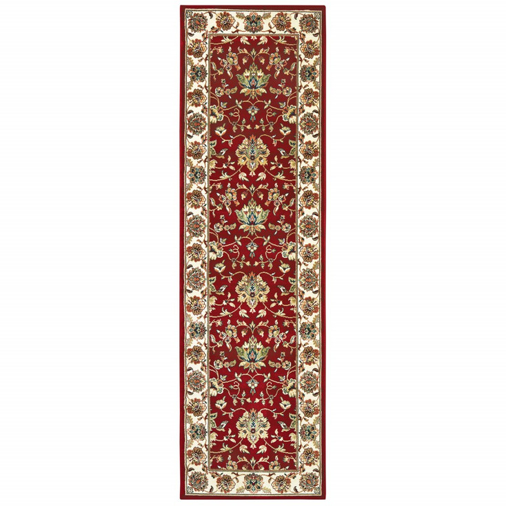 2' x 8' Red Ivory Machine Woven Floral Oriental Indoor Runner Rug