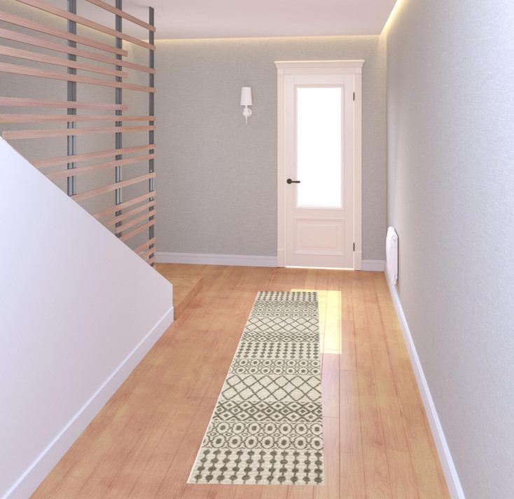 2' x 8' Ivory and Grey Geometric Power Loom Polypropylene Runner Rug
