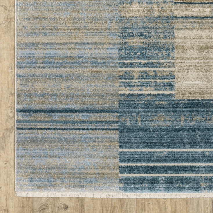 2' x 8' Blue Dark Blue Teal Grey Ivory Beige and Tan Geometric Power Loom Runner Rug