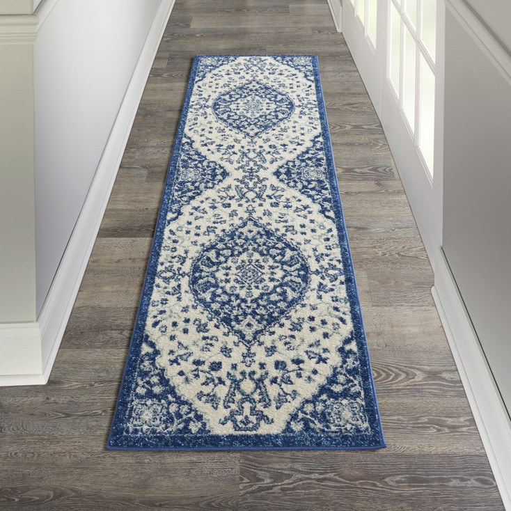 2' x 8' Blue and Ivory Power Loom Polypropylene Runner Rug