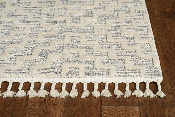 2' x 8' Ivory Grey Machine Woven Geometric with Fringe Indoor Runner Rug