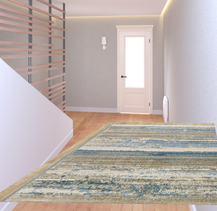 2' x 8' Blue and Ivory Abstract Power Loom Runner Rug with Fringe