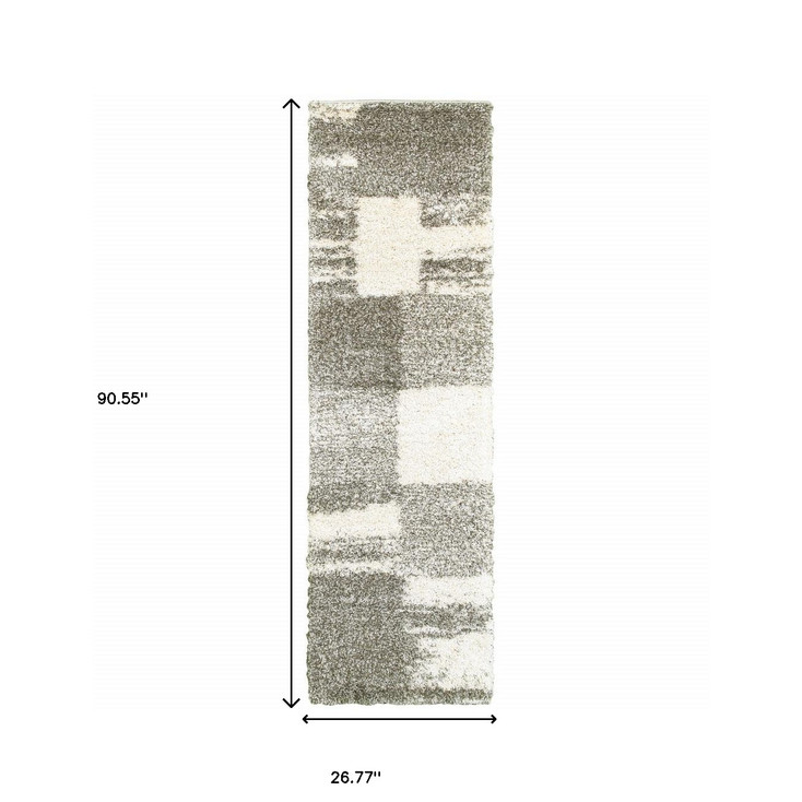 2' x 8' Gray and Ivory Geometric Shag Power Loom Runner Rug