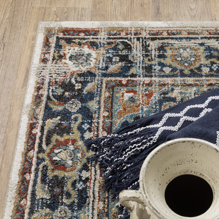 2' x 8' Beige Blue Green Rust and Grey Oriental Power Loom Stain Resistant Runner Rug