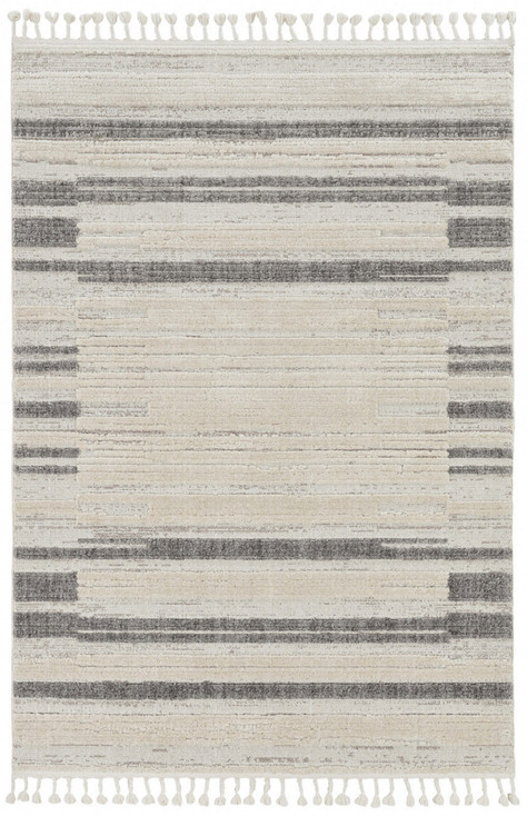 2' x 8' Ivory Grey Machine Woven Abstract Lines with Fringe Indoor Runner Rug