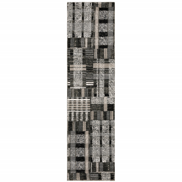 2' x 8' Black Grey and Ivory Geometric Power Loom Stain Resistant Runner Rug