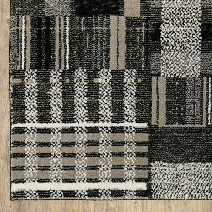 2' x 8' Black Grey and Ivory Geometric Power Loom Stain Resistant Runner Rug