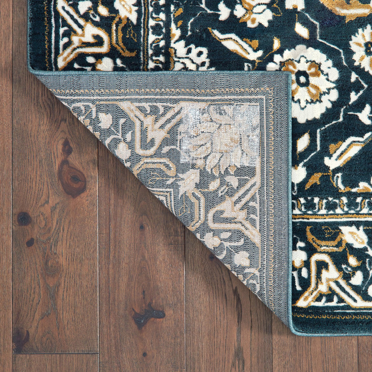 2' x 8' Navy Caramel and Ivory Oriental Power Loom Stain Resistant Runner Rug