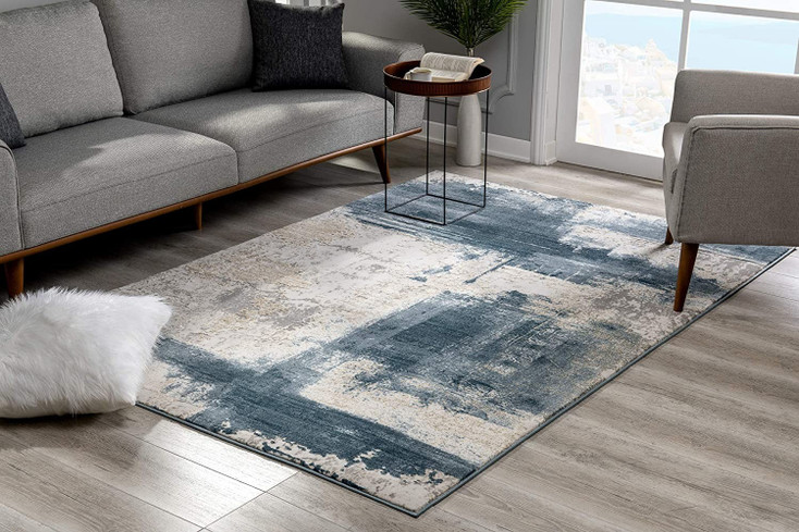 2' x 8' Blue and Ivory Abstract Dhurrie Polypropylene Runner Rug