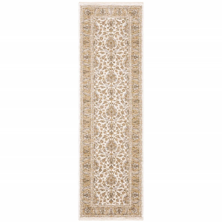 2' x 8' Ivory & Gold Oriental Power Loom Stain Resistant Runner Rug with Fringe