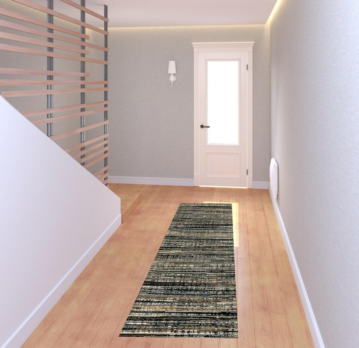 2' x 8' Black Navy Gold Ivory and Blush Abstract Power Loom Stain Resistant Runner Rug