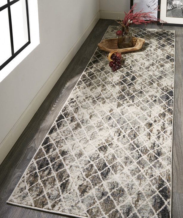 2' x 8' Ivory Gray and Taupe Abstract Stain Resistant Runner Rug