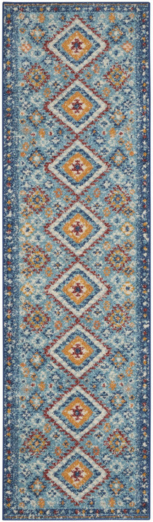 2' x 8' Blue and Orange Geometric Dhurrie Runner Rug