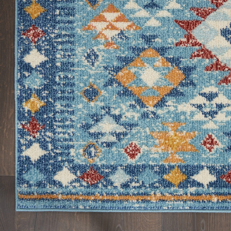 2' x 8' Blue and Orange Geometric Dhurrie Runner Rug