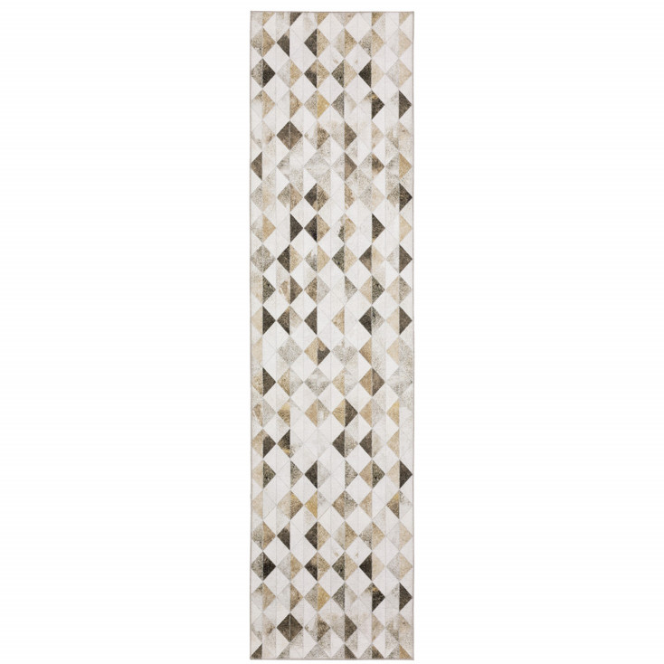 2' x 8' Beige Brown Grey and Ivory Geometric Power Loom Stain Resistant Runner Rug