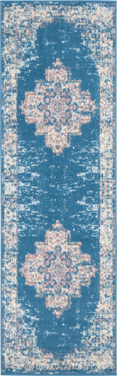 2' x 8' Blue Damask Power Loom Runner Rug