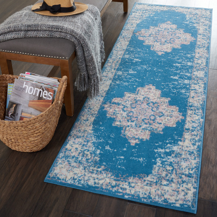 2' x 8' Blue Damask Power Loom Runner Rug