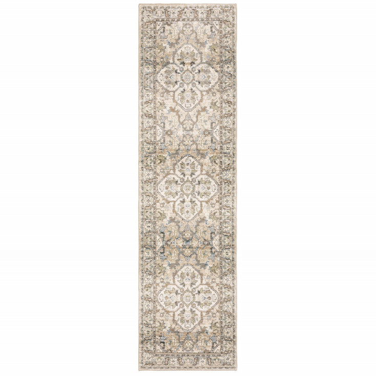 2' x 8' Beige and Ivory Medallion Runner Rug