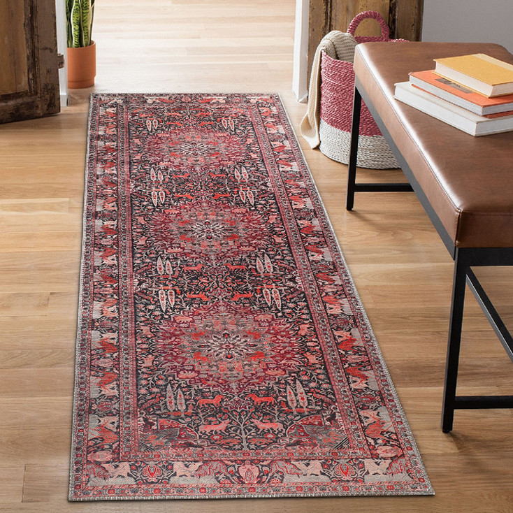 2' x 8' Garnet Red Medallion Stain Resistant Runner Rug
