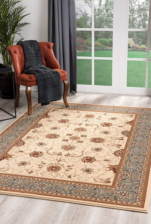 2' x 8' Cream and Blue Traditional Runner Rug