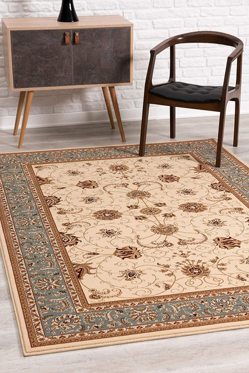 2' x 8' Cream and Blue Traditional Runner Rug