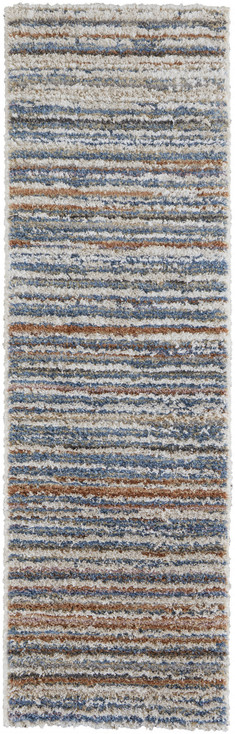 2' x 8' Ivory Blue and Orange Striped Power Loom Stain Resistant Runner Rug