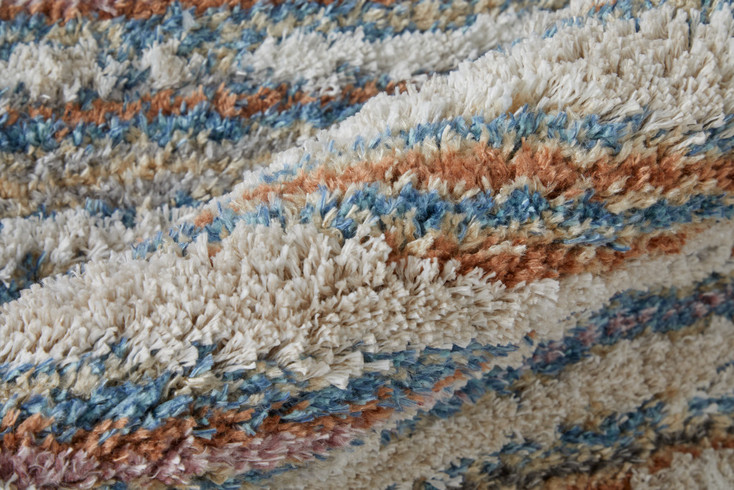 2' x 8' Ivory Blue and Orange Striped Power Loom Stain Resistant Runner Rug