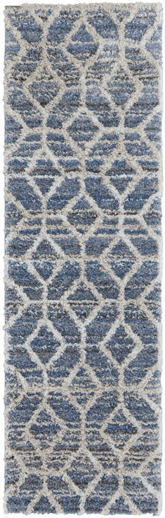 2' x 8' Blue and Ivory Geometric Power Loom Stain Resistant Runner Rug