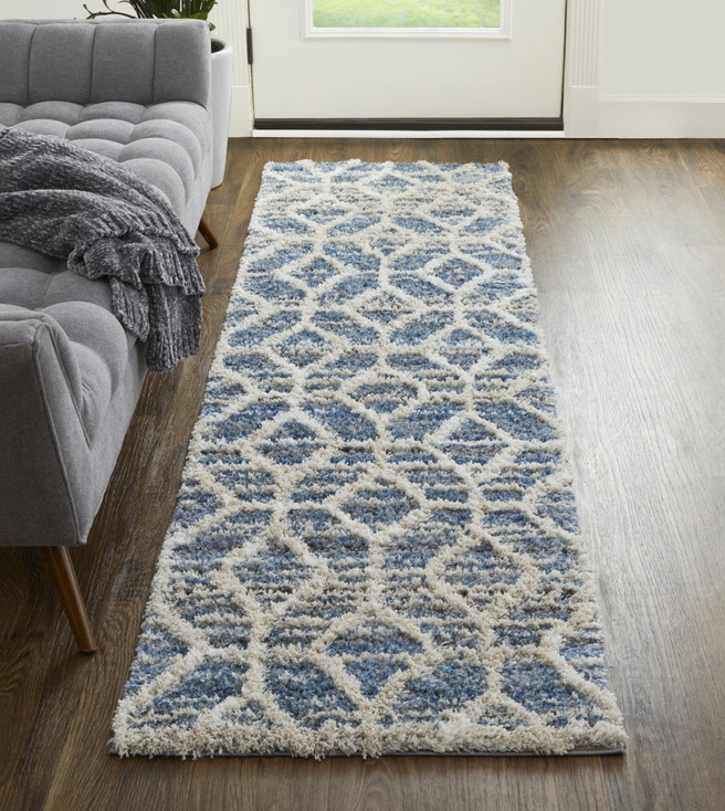2' x 8' Blue and Ivory Geometric Power Loom Stain Resistant Runner Rug
