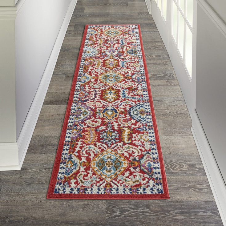 2' x 8' Red and Ivory Damask Power Loom Runner Rug