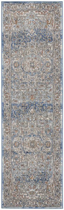 2' x 8' Ivory and Blue Oriental Power Loom Non Skid Runner Rug