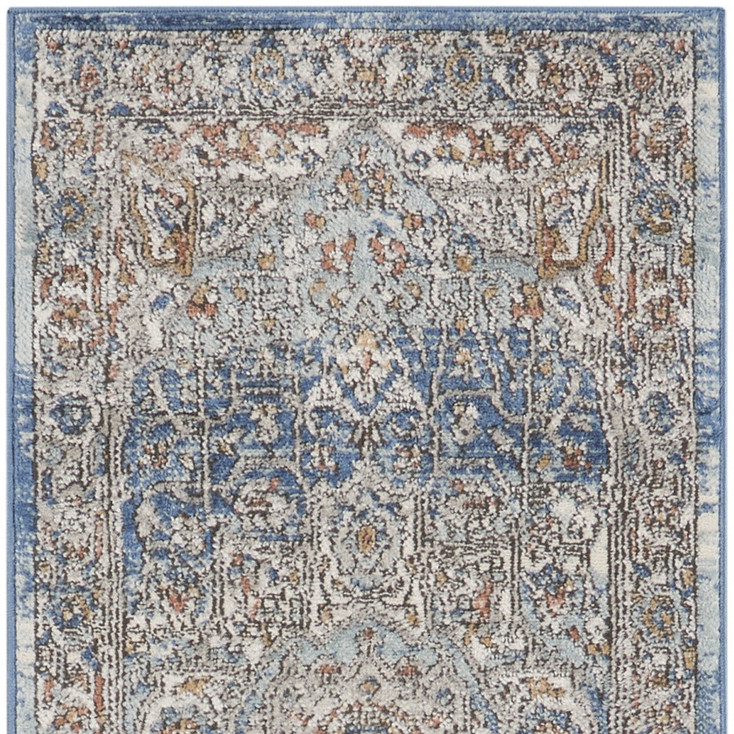 2' x 8' Ivory and Blue Oriental Power Loom Non Skid Runner Rug