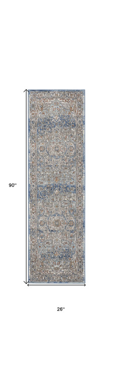 2' x 8' Ivory and Blue Oriental Power Loom Non Skid Runner Rug