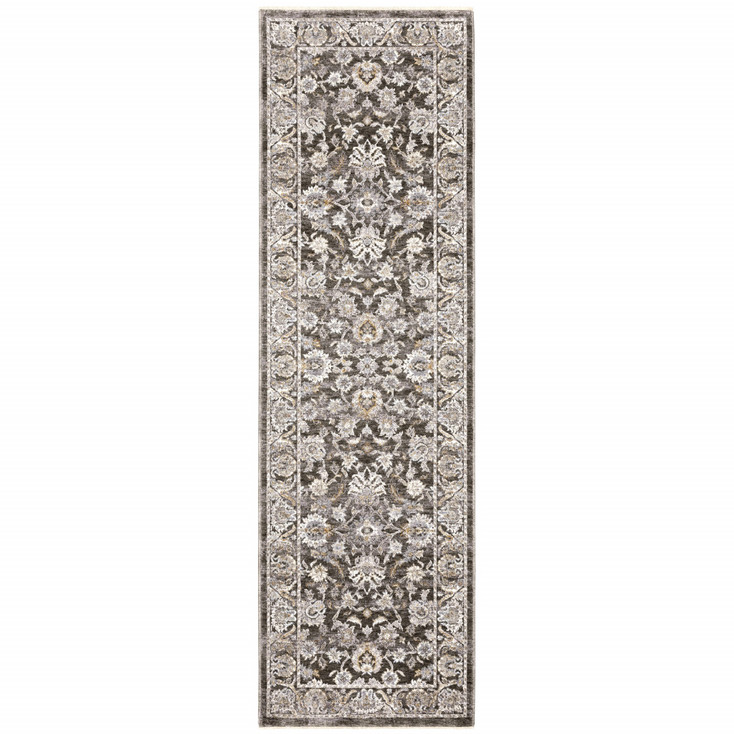 2' x 8' Grey & Ivory Oriental Power Loom Stain Resistant Runner Rug with Fringe