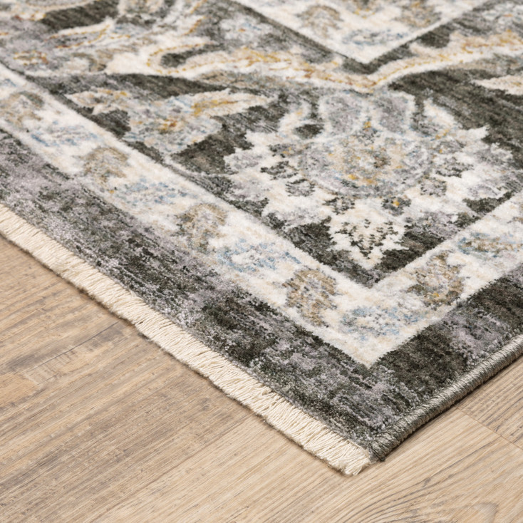 2' x 8' Grey & Ivory Oriental Power Loom Stain Resistant Runner Rug with Fringe