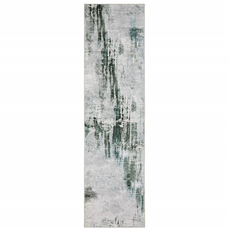 2' x 8' Silver Grey Teal Blue and Charcoal Abstract Printed Non Skid Runner Rug