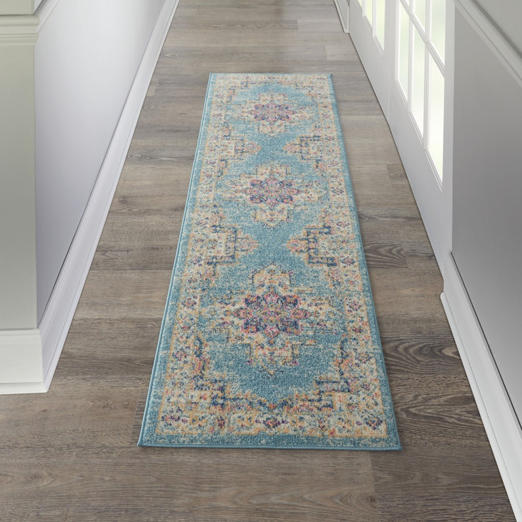 2' x 8' Light Blue Distressed Medallion Runner Rug