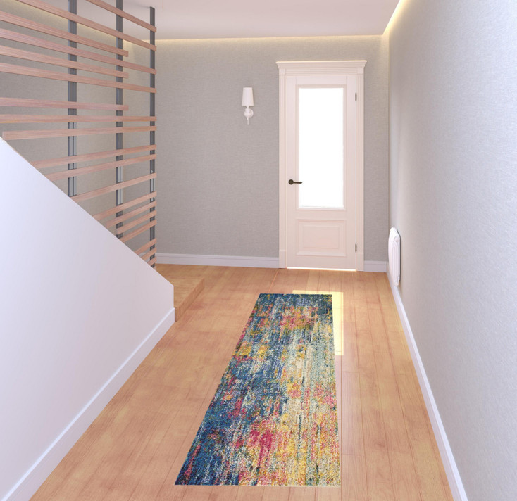 2' x 8' Blue and Yellow Abstract Power Loom Non Skid Runner Rug