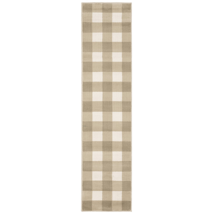2' x 8' Beige and Ivory Geometric Power Loom Stain Resistant Runner Rug