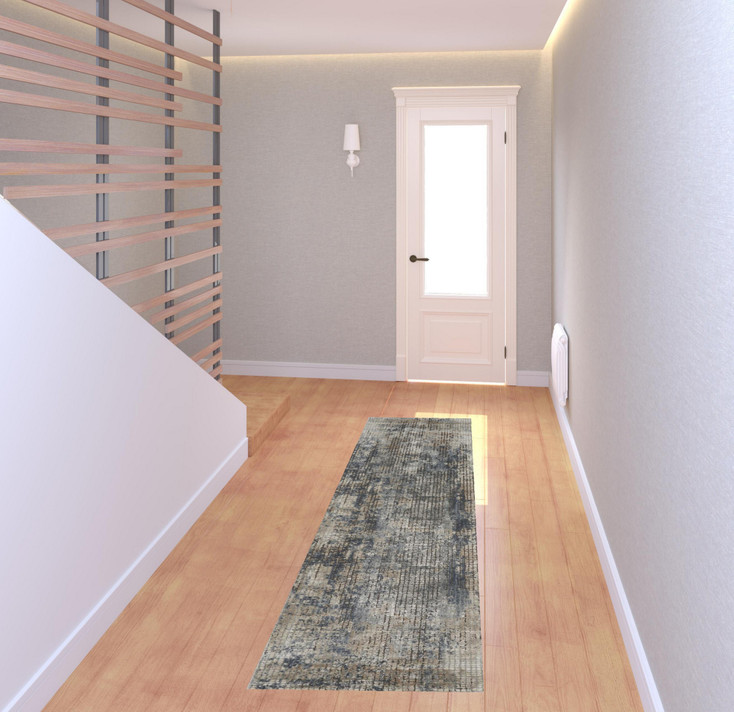 2' x 8' Blue and Beige Abstract Power Loom Distressed Non Skid Runner Rug