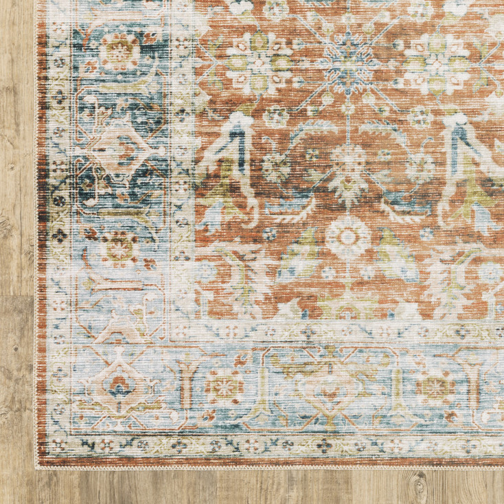 2' x 8' Rust Blue Ivory and Gold Oriental Printed Stain Resistant Non Skid Runner Rug