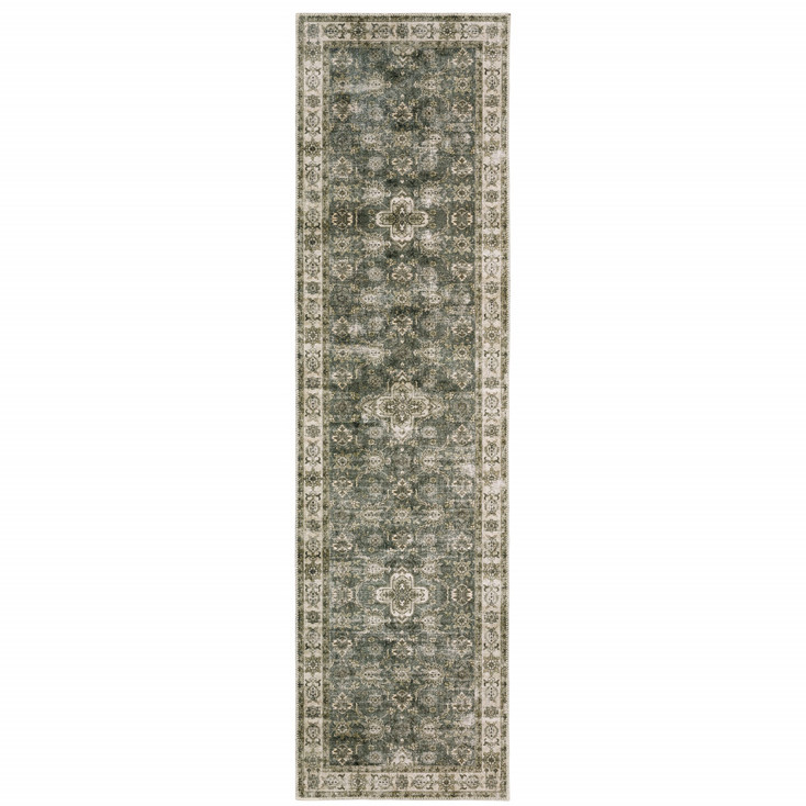 2' x 8' Blue and Beige Oriental Printed Stain Resistant Non Skid Runner Rug