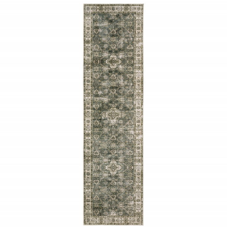 2' x 8' Blue and Beige Oriental Printed Stain Resistant Non Skid Runner Rug